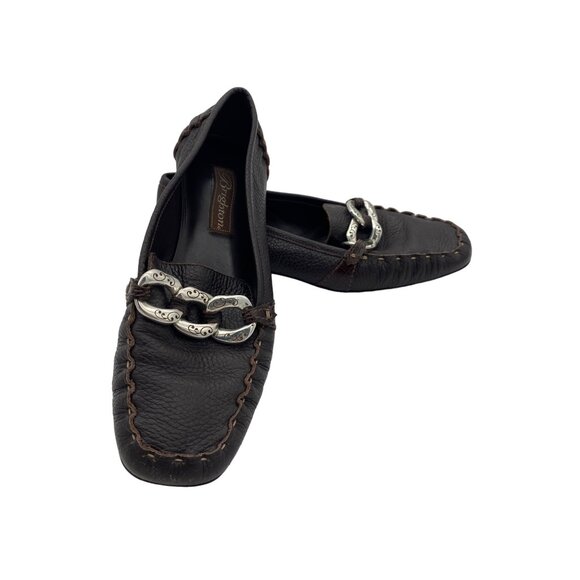 BRIGHTON‎ Klee Loafer Womens SZ 7M Brown Leather Silver Chain Brazil Square Toe - Picture 2 of 8